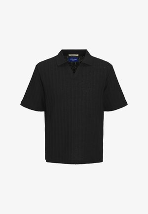 Black short-sleeve polo shirt with a V-neck, ribbed texture, and collar. Features a subtle design with a relaxed fit and clean lines.