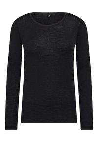 Schwarzes Langarmoberteil aus leichtem, strukturiertem Stoff. Mit Rundhalsausschnitt und figurbetonter Silhouette. Keine sichtbaren Muster oder Akzente.