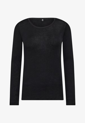 Sort langærmet top lavet af letvægts, tekstureret stof. Har en rund halsudskæring og en tætsiddende silhuet. Ingen synlige mønstre eller accenter.