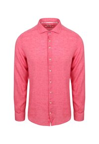 Langarmshirt in felroze, geweven stof. Heeft een spitse kraag en houten knopen aan de voorkant, met een gebogen zoom.