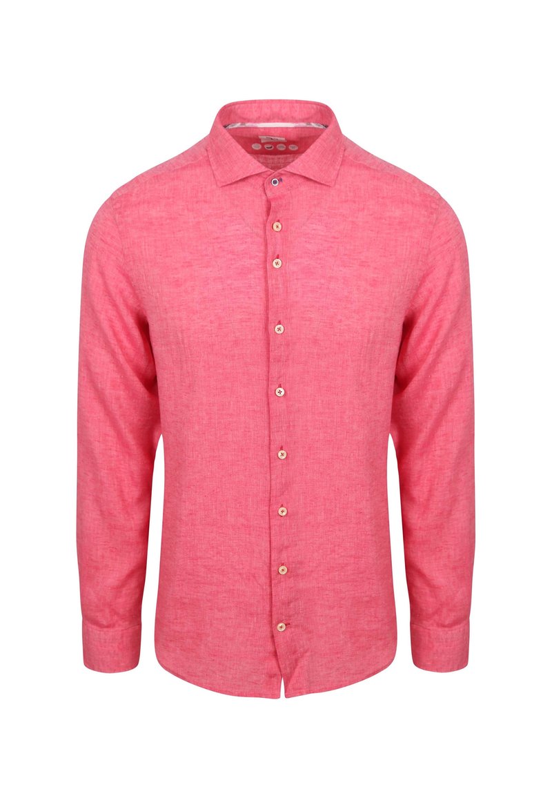 Langarmshirt in felroze, geweven stof. Heeft een spitse kraag en houten knopen aan de voorkant, met een gebogen zoom.