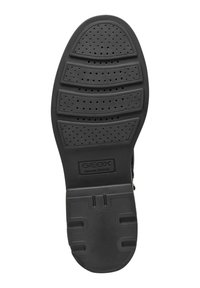 Semelle de chaussure en caoutchouc noir avec plusieurs motifs de semelle, perforations pour la respirabilité et logo embossé "GEOX ITALIAN PATENT".
