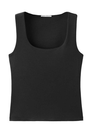 Schwarzes ärmelloses Tanktop mit rundem Ausschnitt und geradem Saum aus glattem Stoff, auf weißem Hintergrund präsentiert.