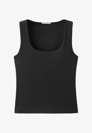 Schwarzes ärmelloses Tanktop mit rundem Ausschnitt und geradem Saum aus glattem Stoff, auf weißem Hintergrund präsentiert.