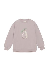 Hellrosa Sweatshirt mit langen Ärmeln, gerippten Bündchen und Saum. Verziert mit einem paillettenbesetzten Birnenmotiv mit grünen Blättern, das ein strukturiertes Detail schafft.