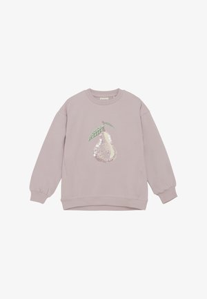 Lichtroze sweatshirt met lange mouwen, geribbelde manchetten en onderrand. Bevat een paillettenperenafbeelding met groene bladeren, wat voor een textuurdetail zorgt.