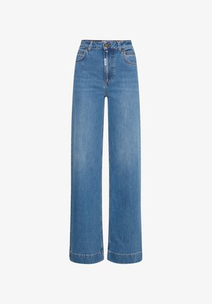 Plačios tiesios mėlynos džinsinės kelnės su aukštu liemeniu, diržo kilpomis ir kontrastingu siuvimu. Turi sagų užsegimą ir priekines kišenes.