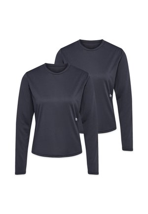 Zwei schwarze Langarm-Shirts mit Rundhalsausschnitt und kleinem weißem Logo in der Nähe der linken Taille, nebeneinander auf weißem Hintergrund dargestellt.