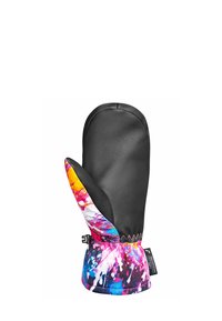 Bunte Spritzmuster-Handschuhe mit einer schwarzen Lederfläche und elastischem Bündchen. Enthält einen Sicherungsriemen für einen festen Sitz.