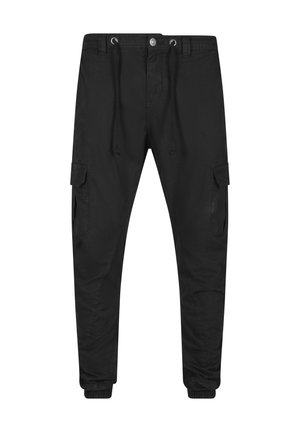 Pantalon cargo noir effilé avec poignets élastiques, fermeture devant avec bouton et zip, taille à cordon et poches à rabat sur chaque cuisse.