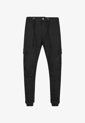 Pantalon cargo noir effilé avec poignets élastiques, fermeture devant avec bouton et zip, taille à cordon et poches à rabat sur chaque cuisse.