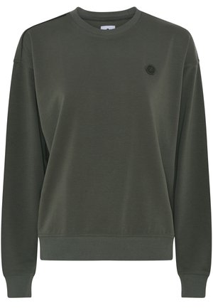 Olivegrøn sweatshirt med ribbet rund hals, lange ærmer og et lille cirkulært logo på brystet. Blød tekstur, afslappet pasform.