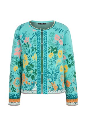 Turquoise knitted cardigan featuring vibrant floral patterns in pink, yellow, and green, with a round neck and button front closure.