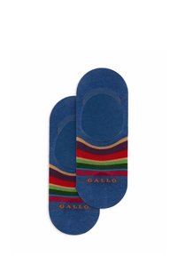 Calzini alla caviglia blu con bordi arrotondati e strisce orizzontali in rosso, verde e giallo. Logo Gallo ricamato in arancione. Tessuto strutturato.