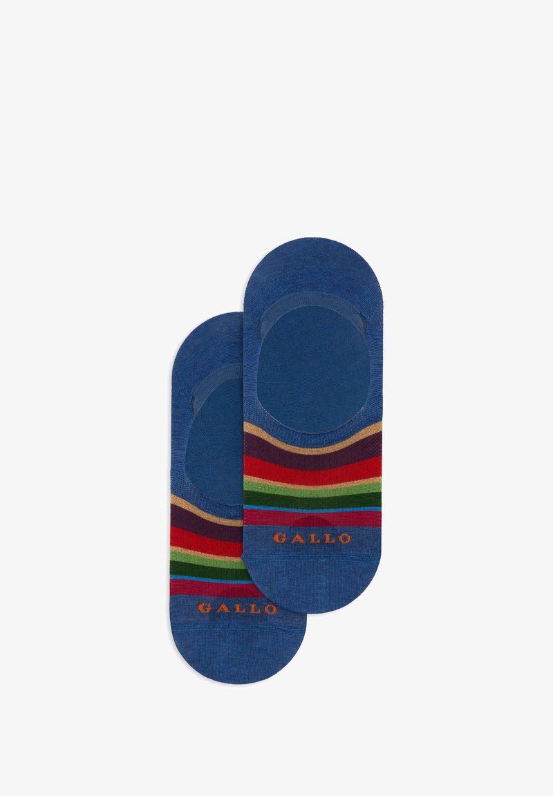 Calzini alla caviglia blu con bordi arrotondati e strisce orizzontali in rosso, verde e giallo. Logo Gallo ricamato in arancione. Tessuto strutturato.