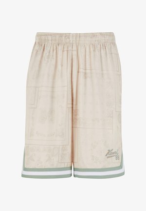 Beezid lühikesed püksid paisleimustriga, elastse vöökoha ja roheliste detailidega. Hemmide ääres on valged triibud ja tikandiga logo detail.