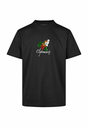 Schwarzes Baumwoll-T-Shirt mit einer verspielten Grafik eines Vogels, der Gemüse und Trauben hält. Der Text lautet "Cleftomanick" in weißer Schreibschrift.