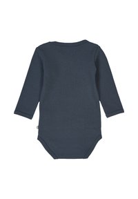 Navy blue long-sleeve bodysuit made from ribbed cotton. Features a round neck, snap closures at the bottom, and a soft texture.