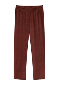 Pantalones elásticos burdeos con una textura suave y agradable al tacto, y una cintura elástica, que presentan un diseño de pierna recta y sin adornos visibles.