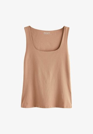 Bež majica na naramenice iz mehkega blaga, z kvadratnim izrezom, širokimi naramnicami in sproščenim krojem. Brez vzorcev ali okrasnih elementov.