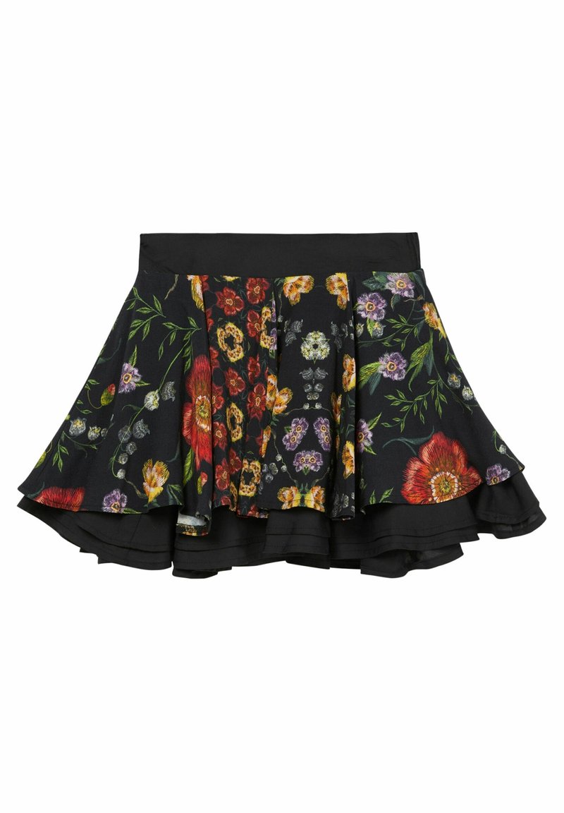 Jupe évasée en tissu noir avec un motif floral coloré comprenant des fleurs rouges, jaunes et violettes. Ourlet et taille à volants.