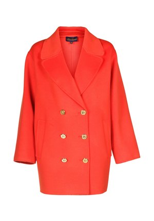Red double-breasted coat with large lapels, golden buttons, and side pockets. Made of soft, textured fabric, featuring a relaxed fit.