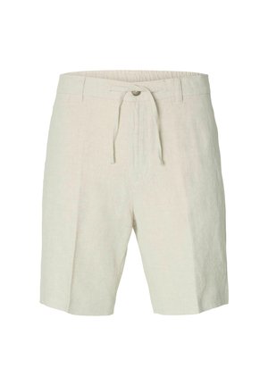 Linu šorti gaiši bēšā krāsā, ar saišu vidukli, priekšējiem piegriezumiem un divām sānu kabatām. Gluda tekstūra ar ikdienišķu dizainu.