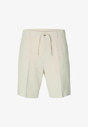 Heledad lühikesed püksid heles bees, millel on paelaga vöökoht, ees voldid ja kaks küljetaskut. Sile tekstuur ja juhuslik disain.