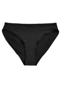 Crni bikini gaćice od glatkog materijala. Imaju pojas sa malom ukrasnom mašnom i diskretnim šavovima duž ivica.