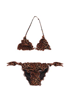 Bikini con stampa leopardata con bordi arricciati, top a triangolo con laccio al collo e slip con fiocchi laterali e dettagli di tessuto arricciato.