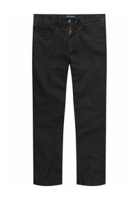 Czarne dżinsy o prostym kroju nogawki, z zamkiem błyskawicznym i pięcioma kieszeniami. Tkanina ma gładką teksturę z lekkim streczem.