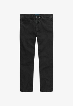 Mustat farkut suoranlahkeisella leikkauksella, vetoketjukiinnityksellä ja viidellä taskulla. Kankaassa on sileä tekstuuri, jossa on hieman joustoa.