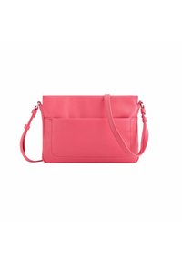 Růžová kožená crossbody taška s hladkým povrchem, nastavitelným popruhem a přední kapsou s dekorativním prošíváním.