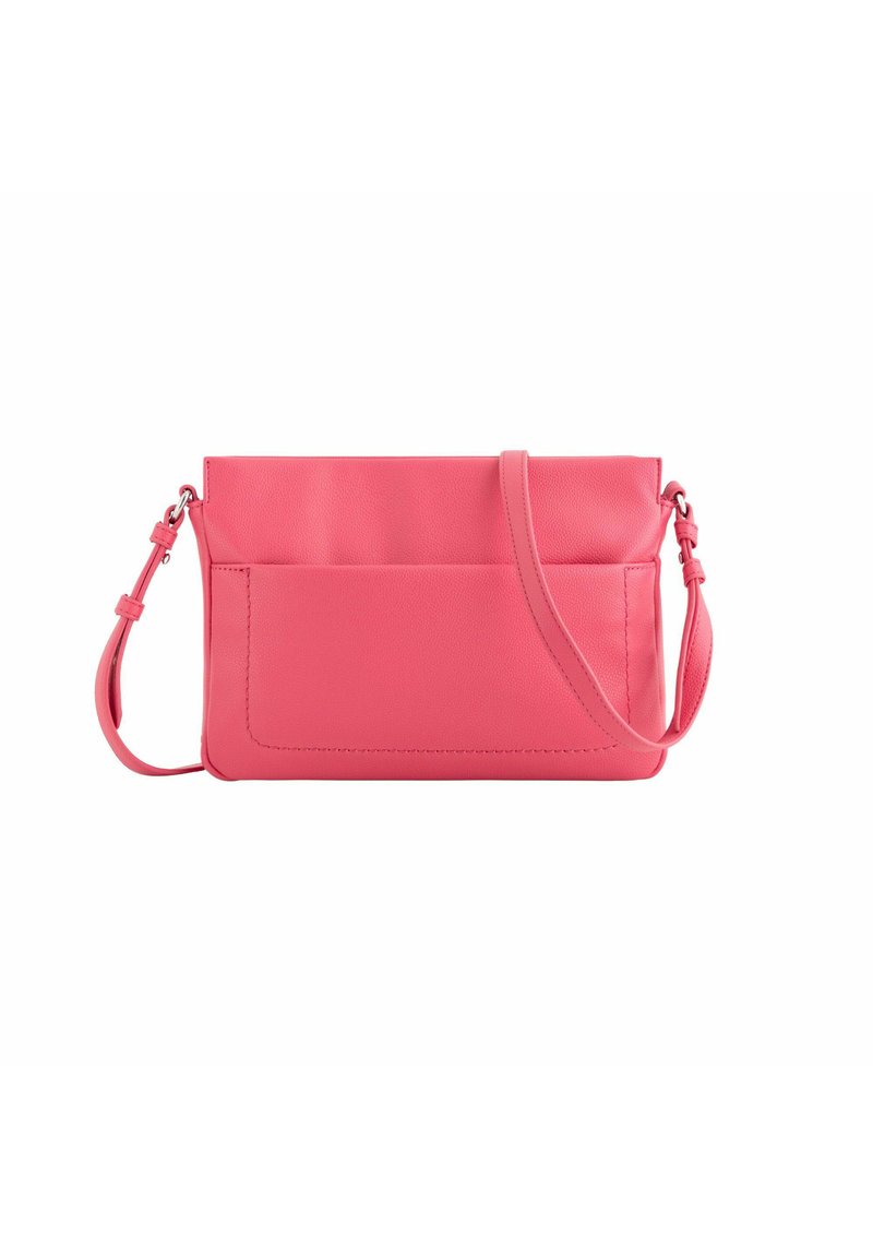Růžová kožená crossbody taška s hladkým povrchem, nastavitelným popruhem a přední kapsou s dekorativním prošíváním.