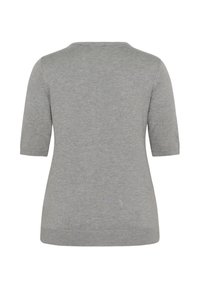 Suéter corto de manga corta en gris, confeccionado con un tejido de punto suave, que presenta un escote redondo y una forma ligeramente entallada con un dobladillo limpio.