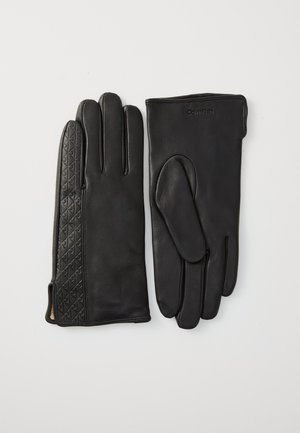 Black leather gloves featuring a smooth finish on one side and a textured diamond pattern on the other, with a snug fit and no visible hardware.