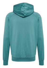 Türkiser Kapuzenpullover mit Kapuze, langen Ärmeln, gerippten Bündchen und einer glatten Textur. Hat ein schlichtes, einfarbiges Design ohne Muster.