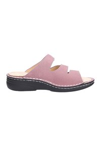Pink leather slip-on sandal with two toe cutouts, beige insole, white stitching, and thick black sole.