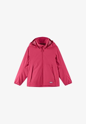 Pink windbreaker jacket with a hood, featuring a front zipper, elastic cuffs, and two front pockets. Smooth, lightweight fabric.