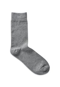 Grau farbige Socke aus weichem Stoff, mit glatter Oberfläche, geripptem Bündchen und Standardform mit verstärkten Zehen- und Fersenbereichen.