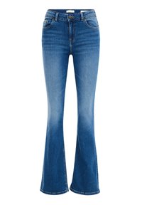 Siniset farkuhousut, joissa on leveät lahkeet ja korkea vyötärö. Housuissa on nappikiinnitys, viisi taskua ja hienovarainen haalistuminen helmaan kohti.