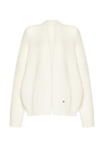 Biały dzianinowy kardigan o luźnym kroju, z otwartym przodem i prążkowanymi detalami. Posiada mały akcent z logo w pobliżu dołu. Lekka tekstura.
