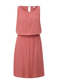 Vestido sin mangas de suave tela coral, con escote fruncido, cintura elástica con cordón y una abertura en la parte posterior con forma de llave.