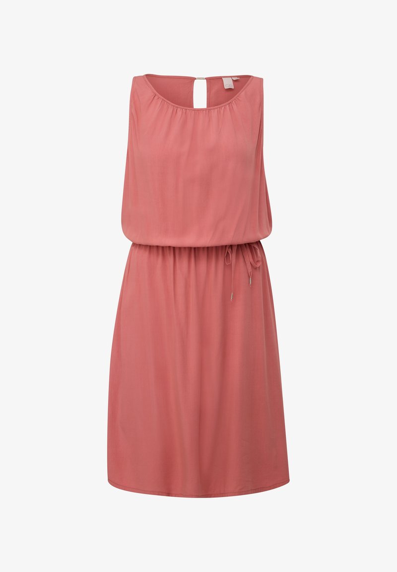 Sleeveless dress in soft coral fabric, features a gathered neckline, elastic waist with drawstring, and a keyhole back opening.