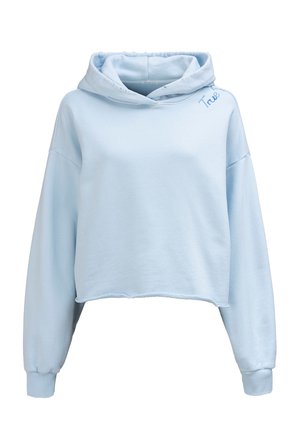 Lichtblauwe cropped hoodie met lange mouwen, geribbelde boorden, onafgewerkte zoom en kleine geborduurde tekst bij de halslijn.