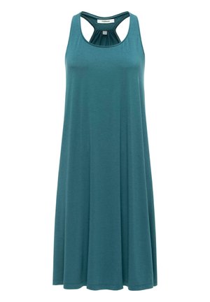 Sukienka bez rękawów w kolorze morskim, o długości do kolan, z okrągłym dekoltem i wycięciem na plecach typu racerback, wykonana z miękkiego, lejącego się materiału.