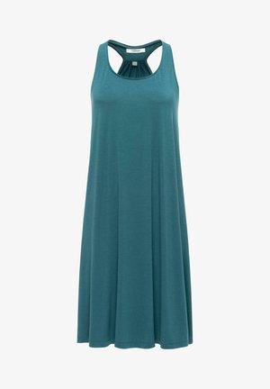Sukienka bez rękawów w kolorze morskim, o długości do kolan, z okrągłym dekoltem i wycięciem na plecach typu racerback, wykonana z miękkiego, lejącego się materiału.
