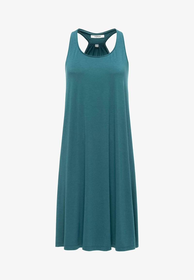 Ärmelloses, knieumspielendes Kleid in Blaugrün mit rundem Ausschnitt und Racerback-Design, aus weichem, fließendem Stoff.