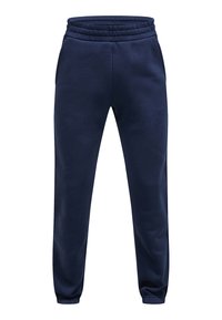 Marinblå sweatpants lavet af blødt materiale, med elastisk talje, sidelommer og tapered manchetter ved anklerne.