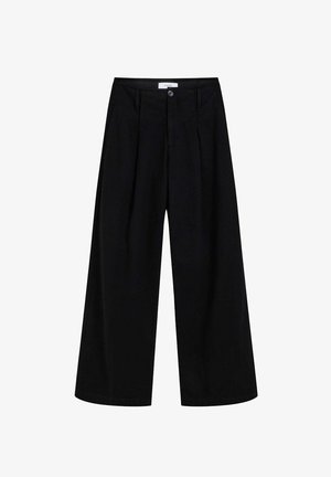 Pantalones de pierna ancha negros con cintura alta, que presentan pliegues frontales, un cierre de botón y una textura suave. Sin patrones ni acentos visibles.